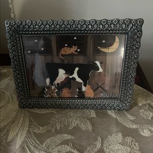 Folk Art Country Scene In Metal Frame